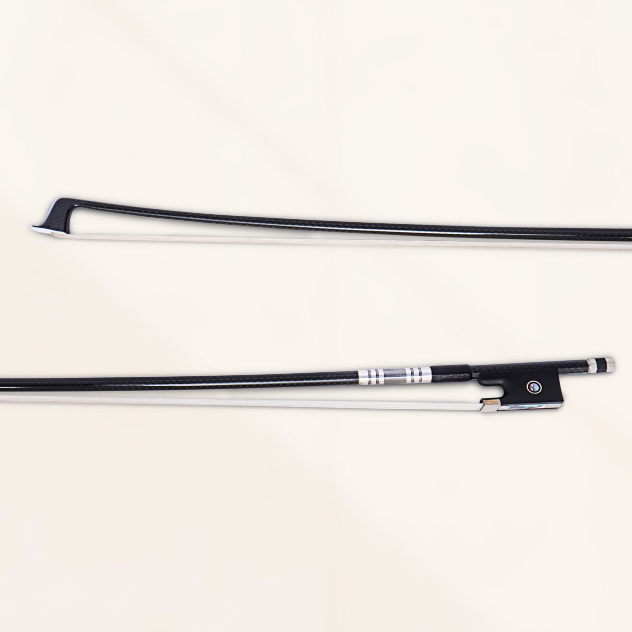 Close-up of violin bow tip and frog with mother-of-pearl inlay