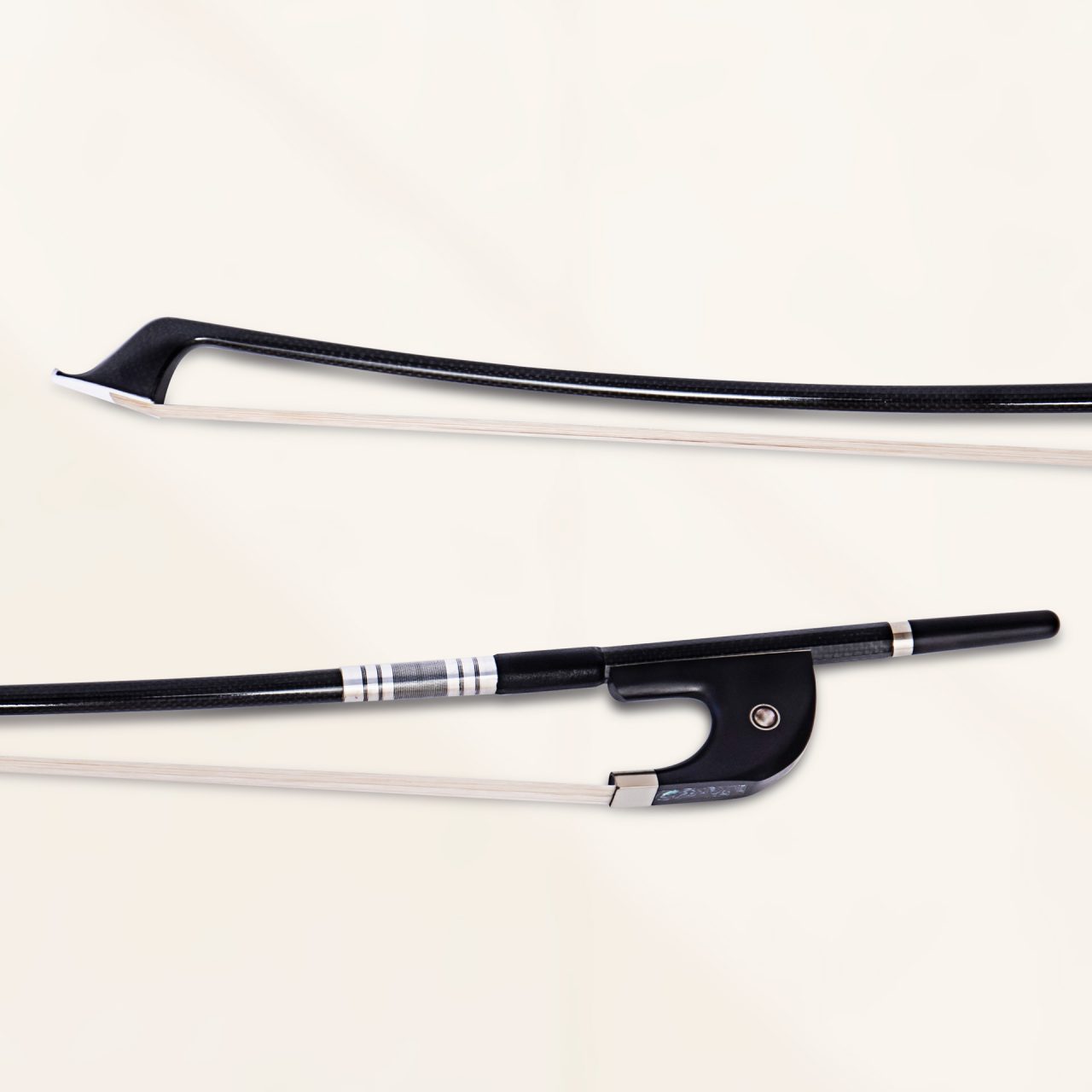 Close-up of German bass bow tip and frog with mother-of-pearl accents