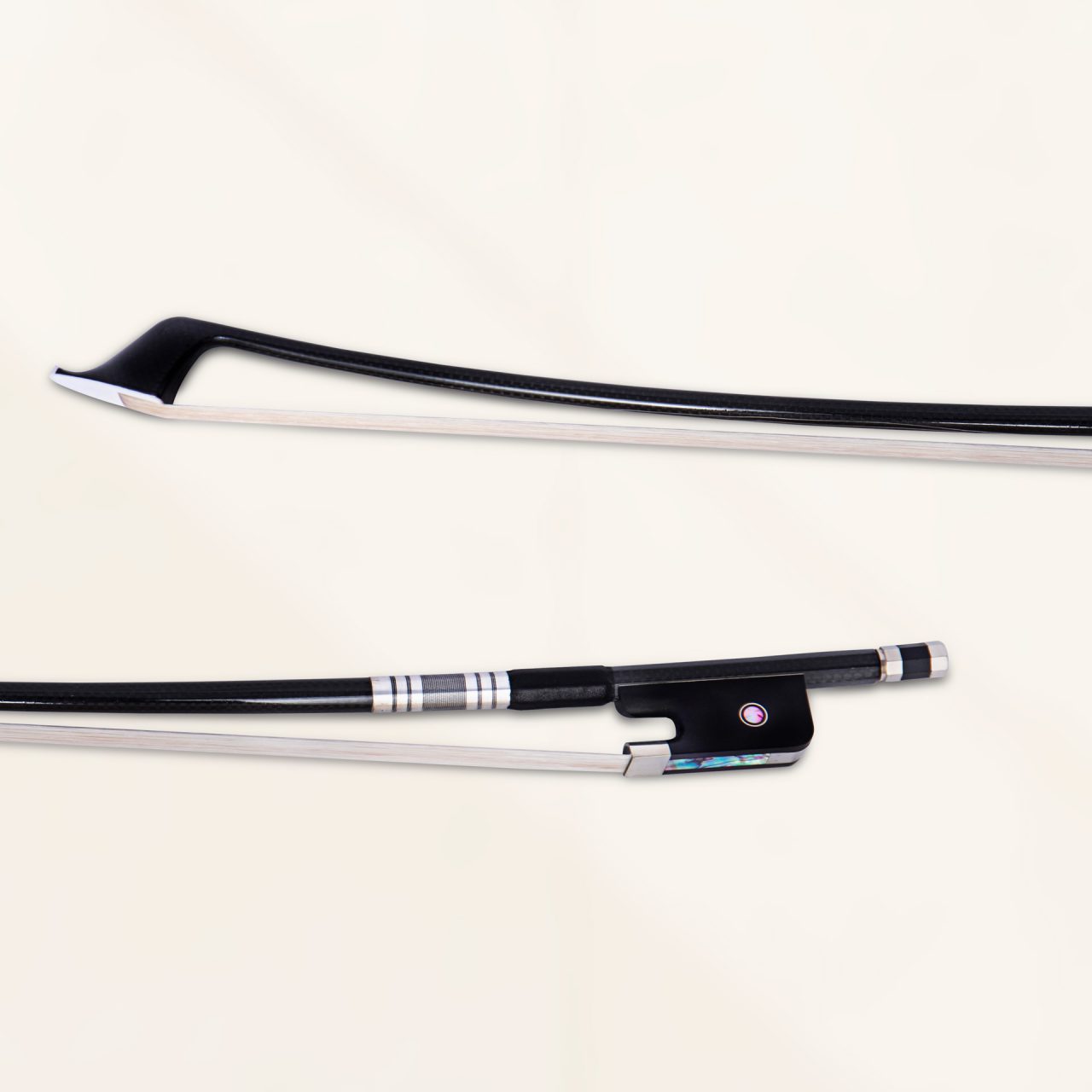 Close-up of French bass bow tip and frog with mother-of-pearl detailing