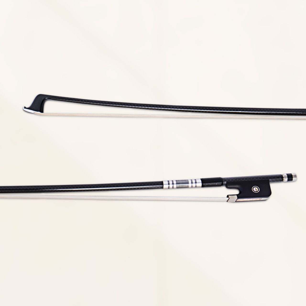 Close-up of viola bow tip and ebony frog with bronze screw